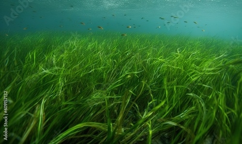  an underwater view of a grassy field with fish swimming in the water.  generative ai