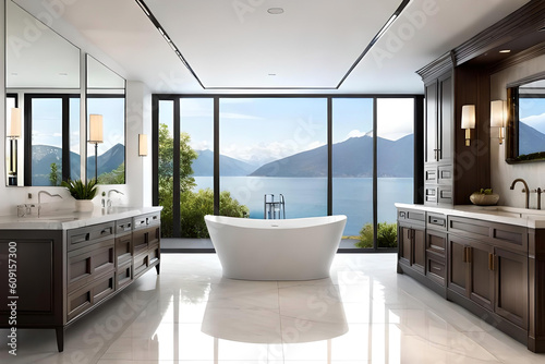 A sophisticated and luxurious bathroom with a freestanding bathtub  marble countertops  and elegant fixtures  exuding a spa-like ambiance of relaxation and indulgence  Contemporary luxury interior des