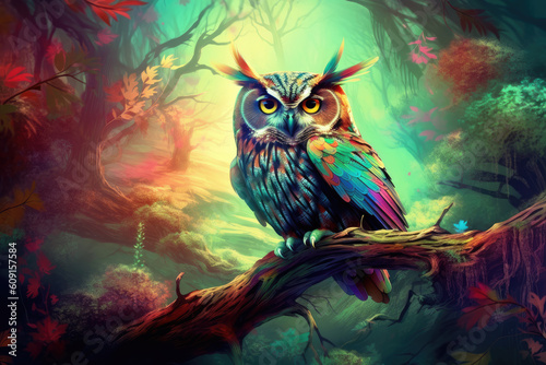 Fantasy forest, multi colored owl. AI