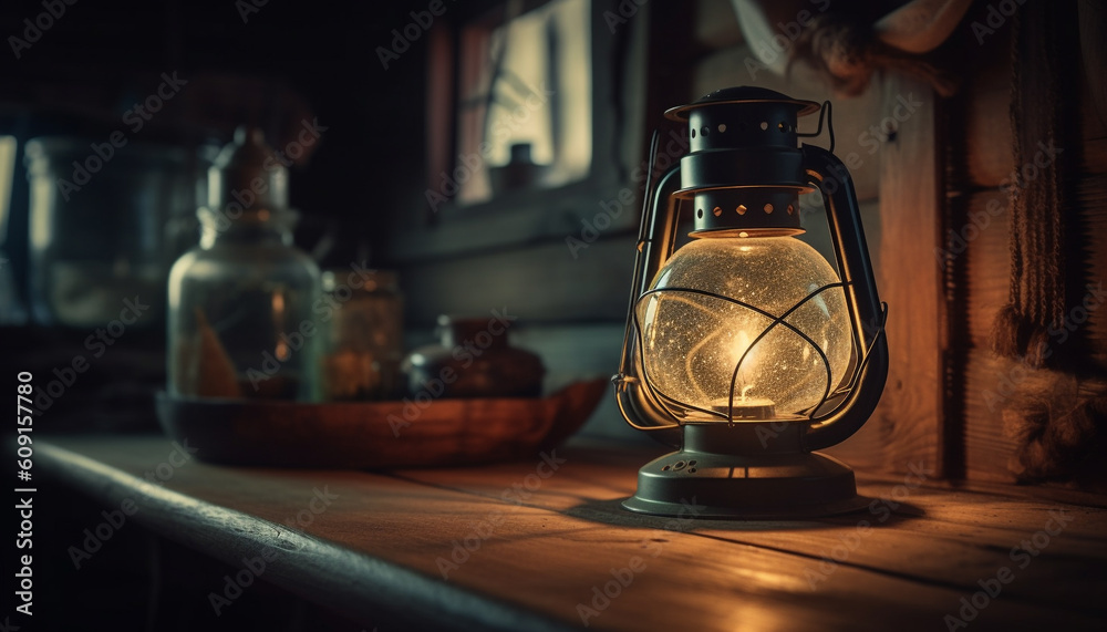 Antique lantern glows in dark rustic home generated by AI