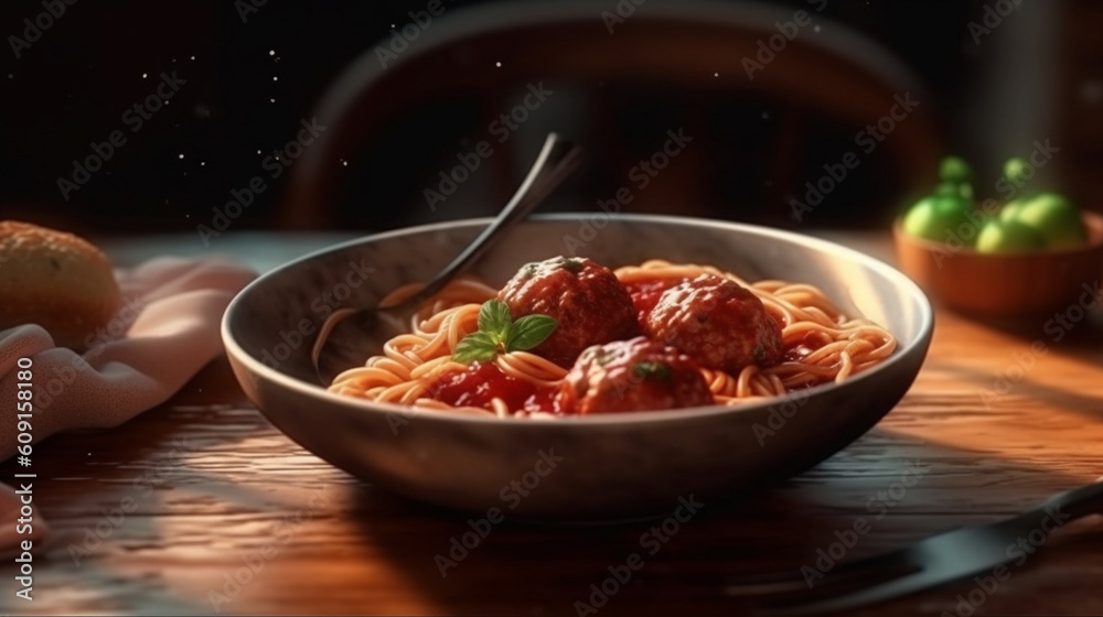 spaghetti with meatballs in a white bowl on a wooden table.generative ai spaghetti with meatballs in a white bowl on a wooden table.generative ai