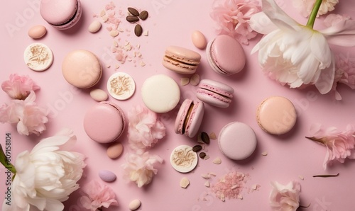  macaroons, macaroons and flowers on a pink background. generative ai