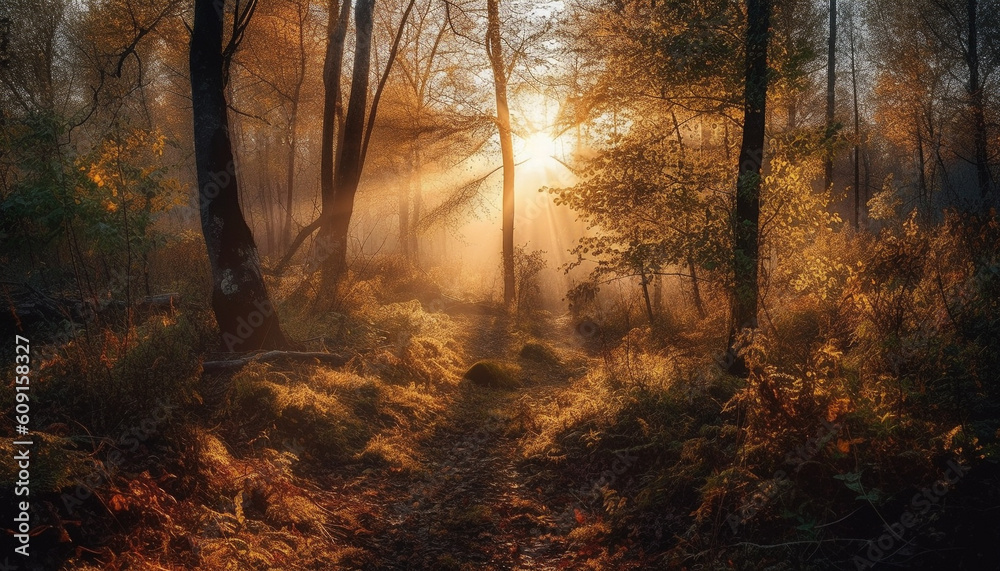 Golden sunlight illuminates autumn forest vibrant beauty generated by AI