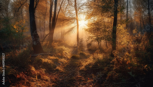Golden sunlight illuminates autumn forest vibrant beauty generated by AI