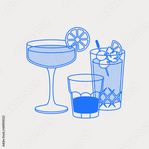 Daiquiri, bloody Mary, and a short drink. Line art, retro. Vector illustration for bars, cafes, and restaurants.