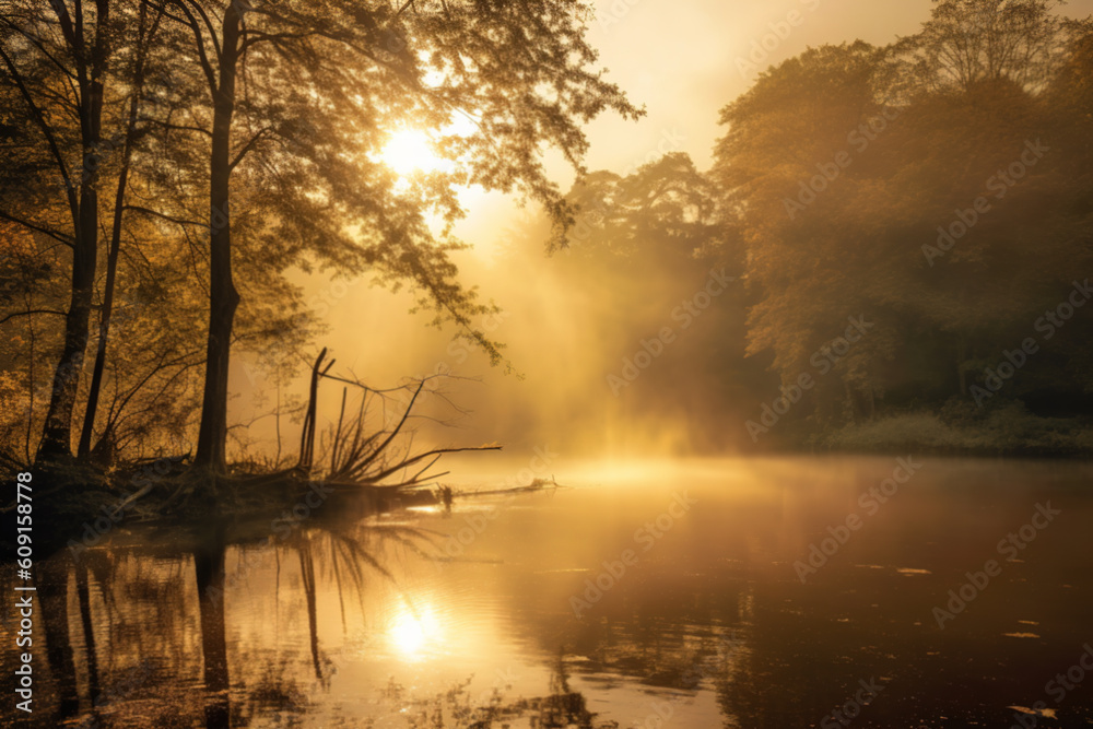 A captivating landscape featuring a dense forest on the opposite shore of a tranquil lake at sunset. Generative AI. A captivating landscape featuring a dense forest on the opposite shore of a tranquil lake at sunset. Generative AI.