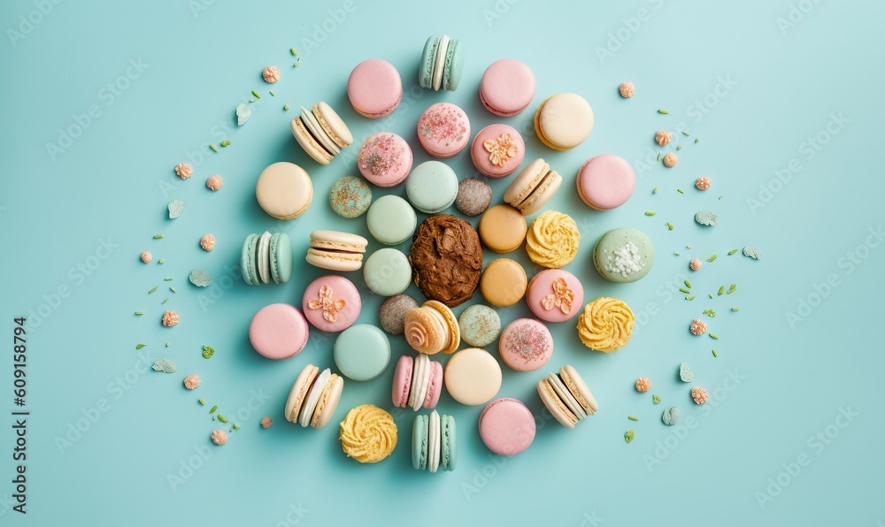 a circular arrangement of colorful macaroons on a blue background. generative ai a circular arrangement of colorful macaroons on a blue background. generative ai