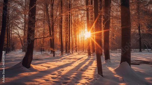 Sunset in the winter forest. Beautiful winter landscape with sun rays.generative  ai © S...