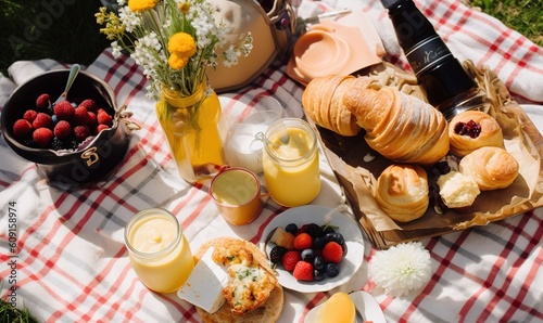  a picnic with a basket of fruit, bread, juice, and other foods. generative ai