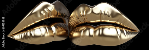 Banner. Golden lipstick closeup. Metal gold lips. Beautiful makeup.  Copyspace. Generative AI photo