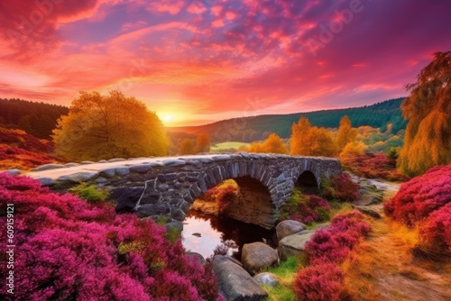 Fantastic Autumn Landscape. Amazing sunset With colorful sky in Azalea and Rhododendron Park Kromlau .Rakotz Bridge, Rakotzbrucke Devil's Bridge in Kromlau, Saxony, Germany. AI photo