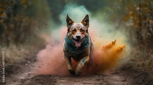 Dog runs throught a colorful powder explosion photo