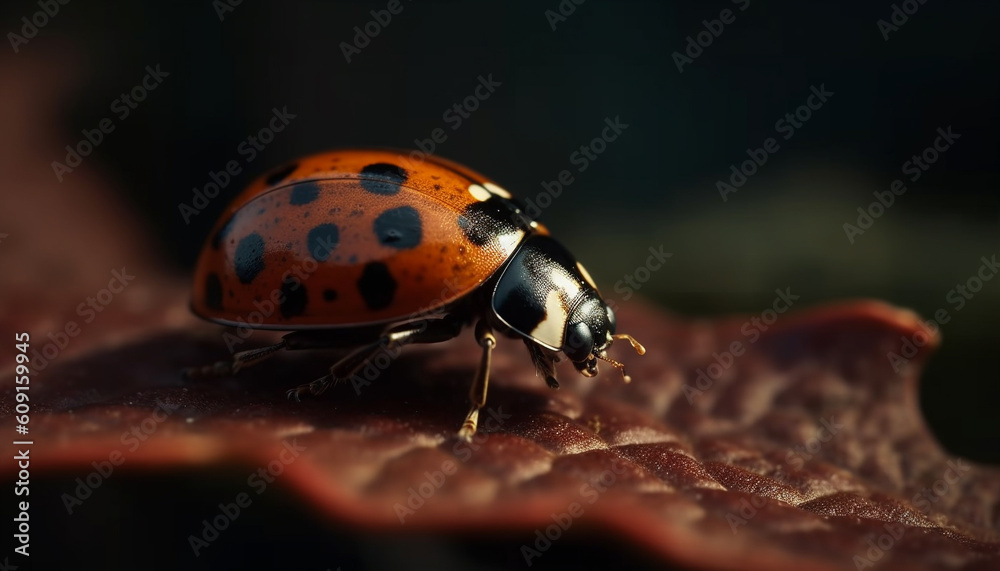 Fototapeta premium Spotted ladybug crawls on green leaf outdoors generated by AI