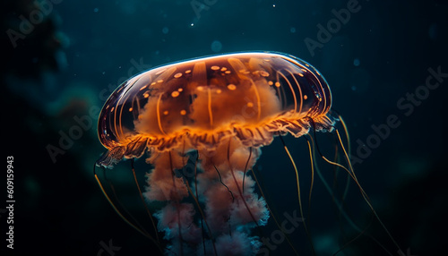 Glowing moon jellyfish swimming in dark water generated by AI © Jeronimo Ramos