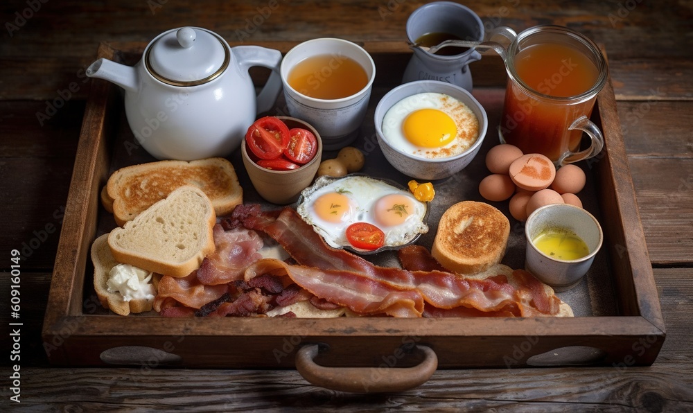  a wooden tray topped with eggs, bacon, toast and other foods.  generative ai