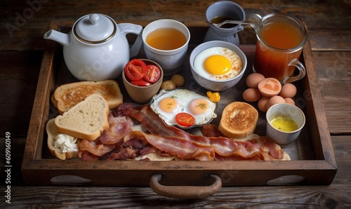  a wooden tray topped with eggs, bacon, toast and other foods. generative ai