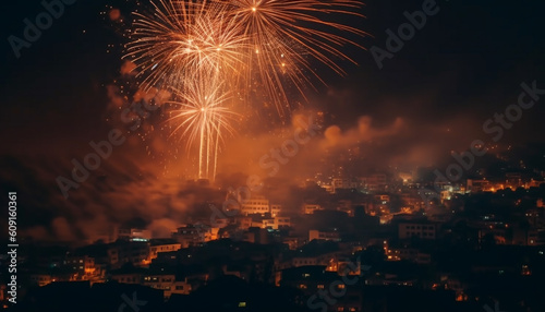Glowing fireworks illuminate city skyline at night generated by AI