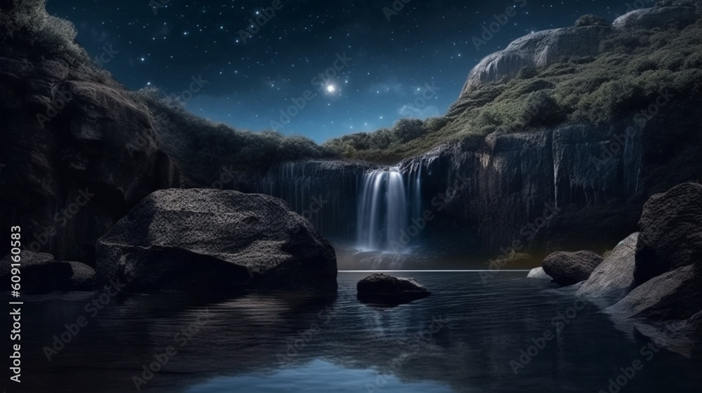 Rhododendron flowers and waterfall in the forest. generative ai Rhododendron flowers and waterfall in the forest. generative ai