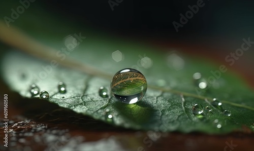 a drop of water sitting on top of a green leaf. generative ai
