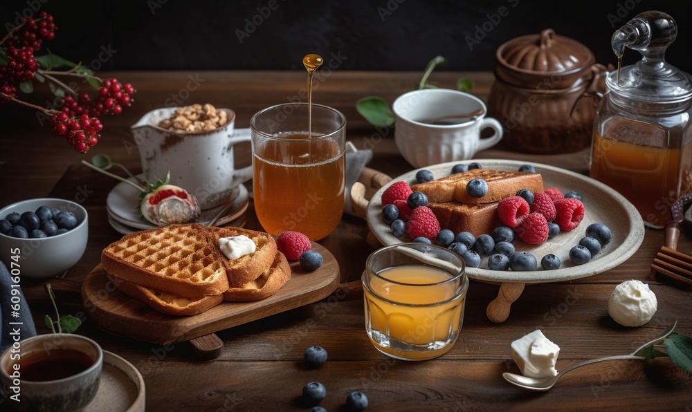a wooden table topped with waffles, berries and other foods. generative ai a wooden table topped with waffles, berries and other foods. generative ai