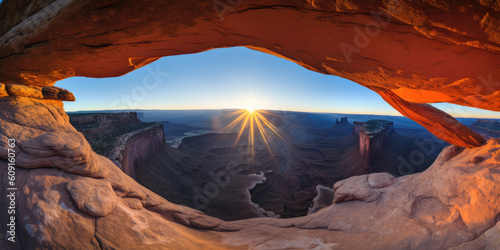 Mesa Arch panorama at sunrise, Canyonlands National Park, Utah, USA. AI