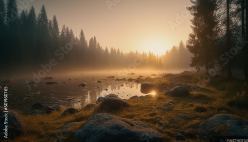 Tranquil scene of nature beauty at dawn generated by AI