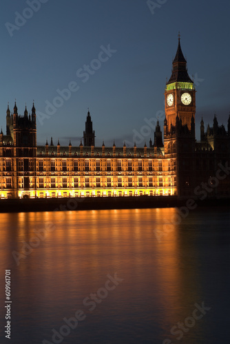 Big Ben and the house of parliament just after sunset on the river Thames