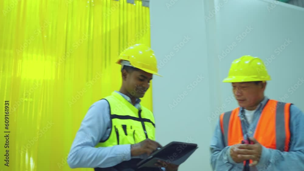 Engineer talking about new project at factory. Real Estate Building Project with Senior Civil Engineer, Architect, General Worker Discussing Planning and Development Details. Engineer talking about new project at factory. Real Estate Building Project with Senior Civil Engineer, Architect, General Worker Discussing Planning and Development Details.