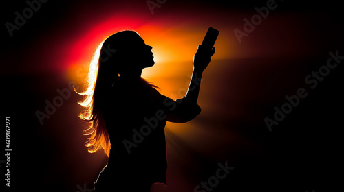 Silhouette of young woman taking selfie with mobile phone.generative ai