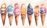  a row of ice cream cones with different flavors of ice cream.  generative ai