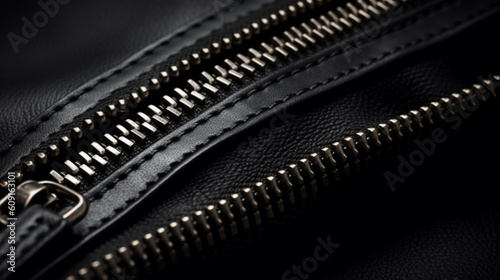 Zipper on a black leather background. Close-up of zipper.generative ai