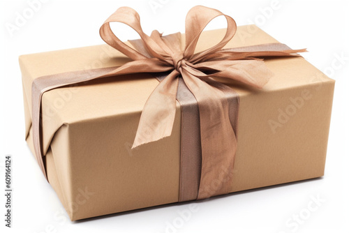 Gift box wrapped in kraft paper with bow and tag isolated on white Generative AI