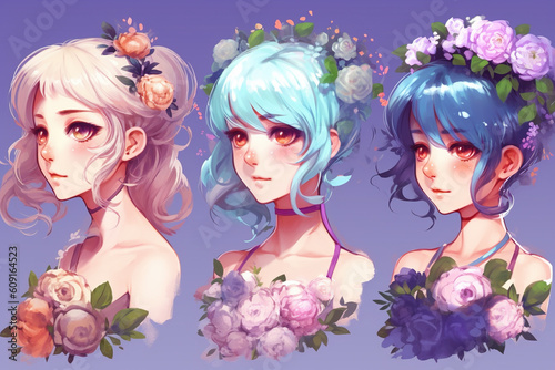 Cute anime girls with flowers. AI generated image. 
