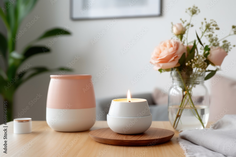 A scented candle on a white table with vases on a modern minimalist background. AI generative