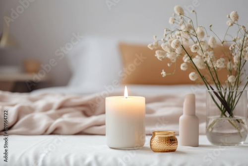 A scented candle on a white table with vases on a modern minimalist background. AI generative