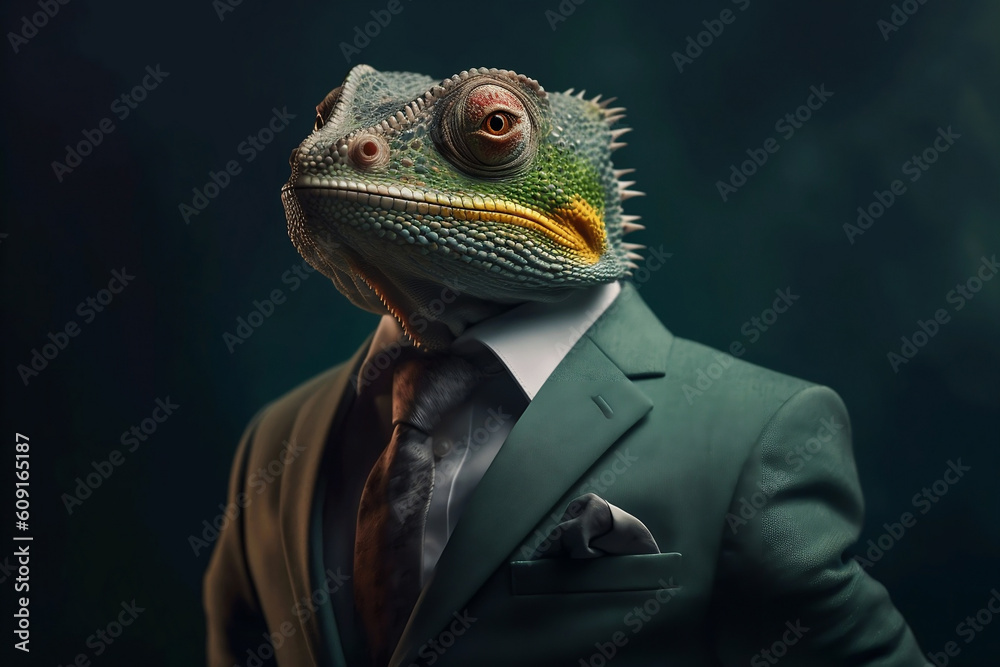 Portrait of a Chameleon dressed in a formal business suit, The Elegant Boss Chameleon, generative AI