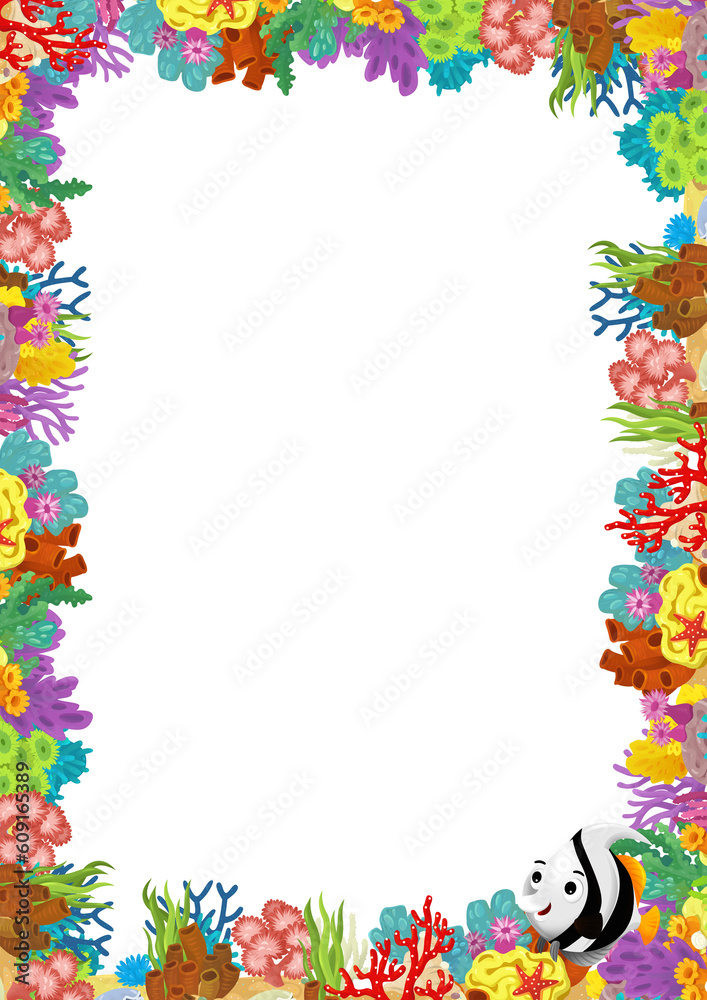 cartoon scene with coral reef and happy fishes swimming near isolated illustration for kids cartoon scene with coral reef and happy fishes swimming near isolated illustration for kids