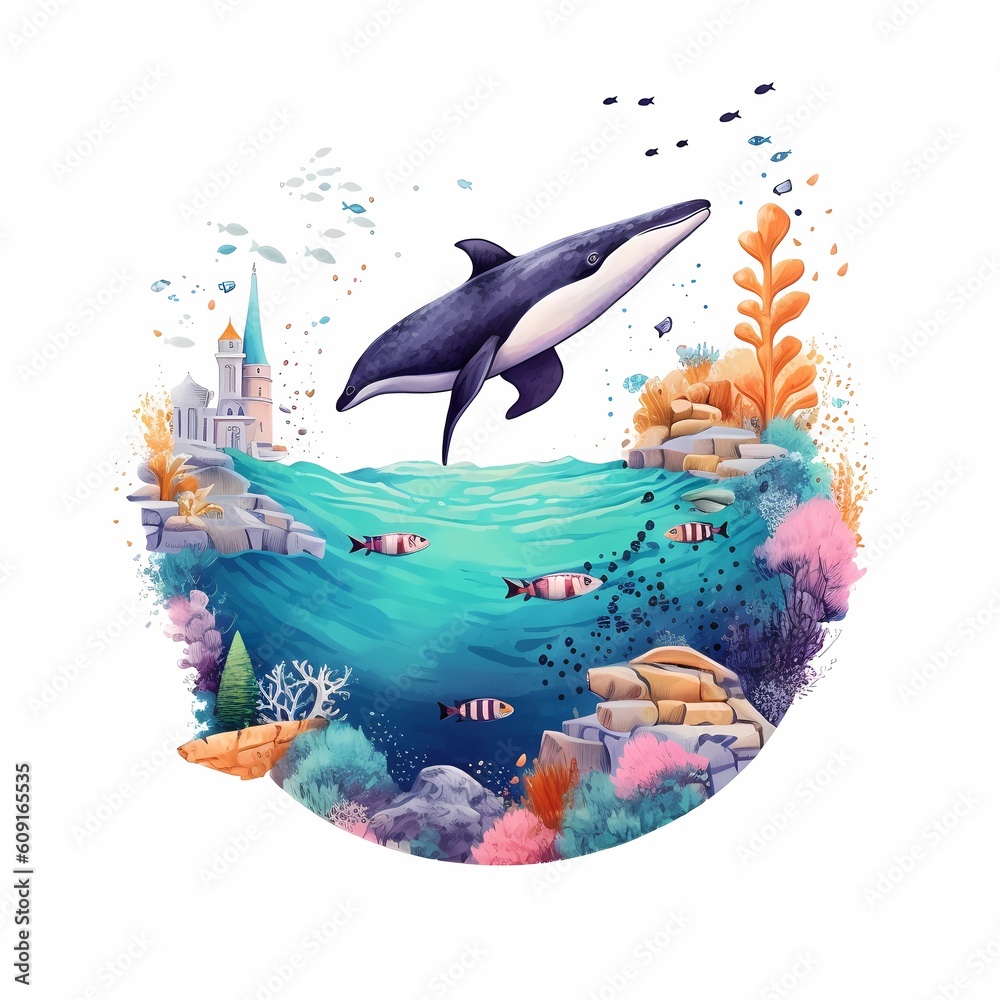 Obraz premium Animals of the underwater sea world. Ecosystem. Whale. June 8. World oceans day. Illustration. Ai generated.