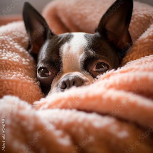 Adorable Boston Terrier Snuggling with a Soft Blanket