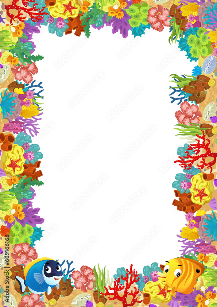cartoon scene with coral reef and happy fishes swimming near isolated illustration for kids cartoon scene with coral reef and happy fishes swimming near isolated illustration for kids