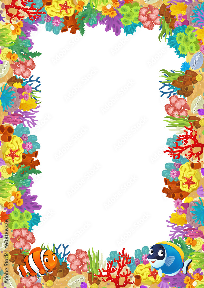 cartoon scene with coral reef and happy fishes swimming near isolated illustration for kids cartoon scene with coral reef and happy fishes swimming near isolated illustration for kids