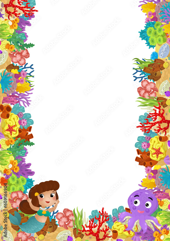 Fototapeta premium cartoon scene with coral reef mermaid princess and happy fishes swimming near isolated illustration for kids
