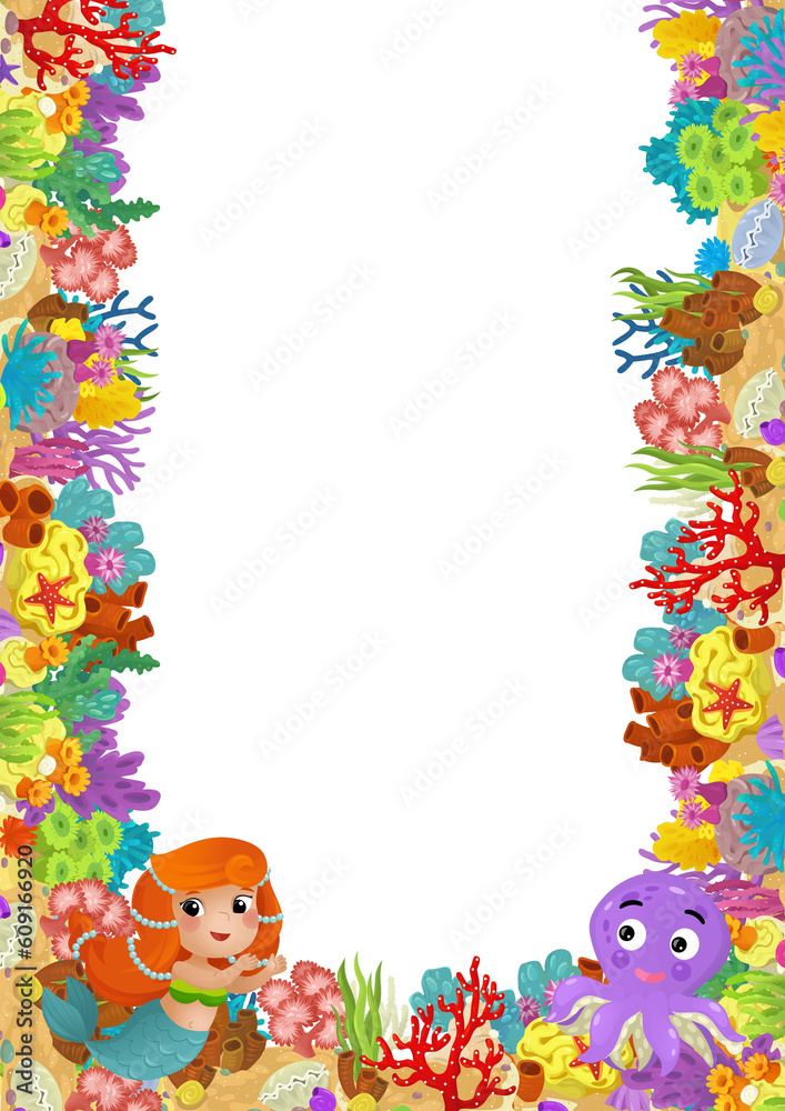 Fototapeta premium cartoon scene with coral reef mermaid princess and happy fishes swimming near isolated illustration for kids