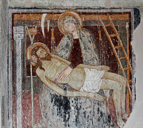 Pietà e strumenti della passione; affresco nella chiesa del monastero di San Pietro in Lamosa (Brescia) photo