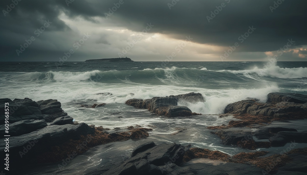 Breaking waves splash against dramatic coastline cliffs generated by AI