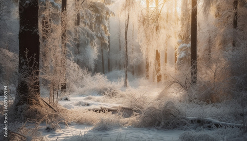 Tranquil scene of winter forest in snow generated by AI