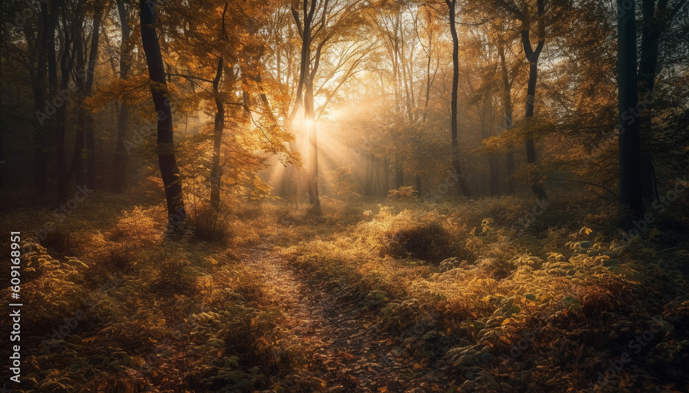 Autumn forest glows with vibrant yellow sunlight generated by AI