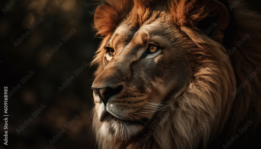 Majestic lion staring with strength in wilderness generated by AI