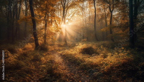 Autumn forest glows with vibrant yellow sunlight generated by AI