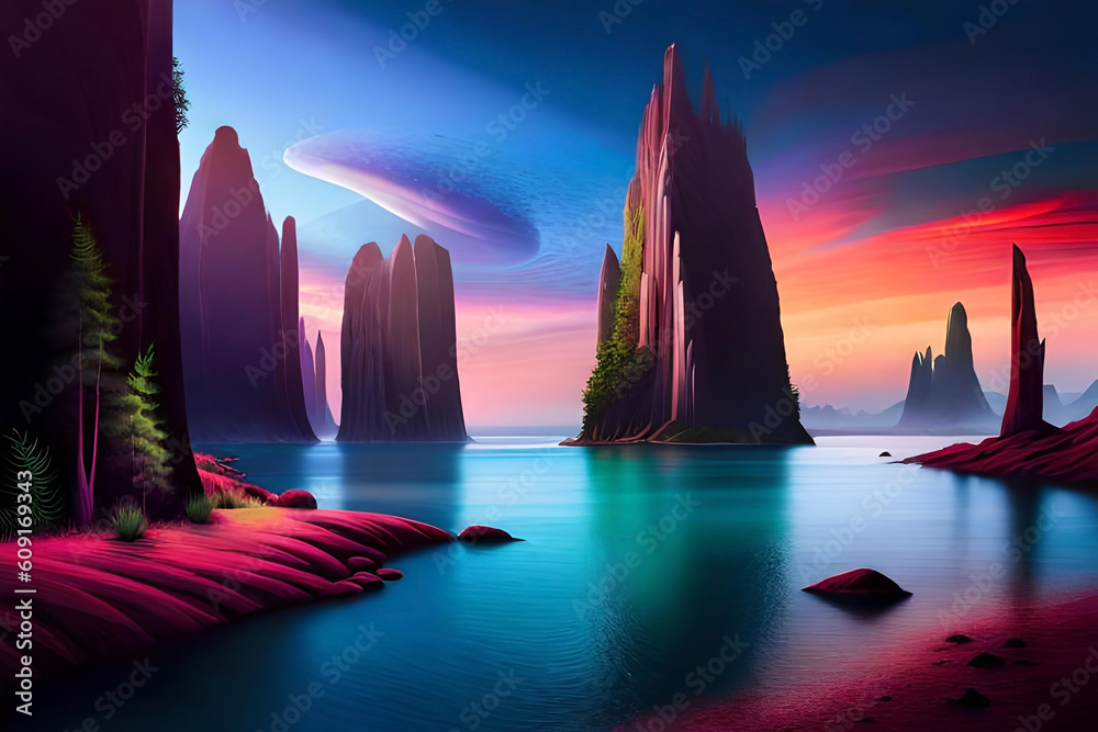 An otherworldly alien landscape with towering rock formations ...